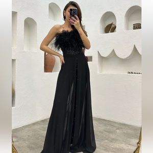 Black sequins feather jumpsuit dress
